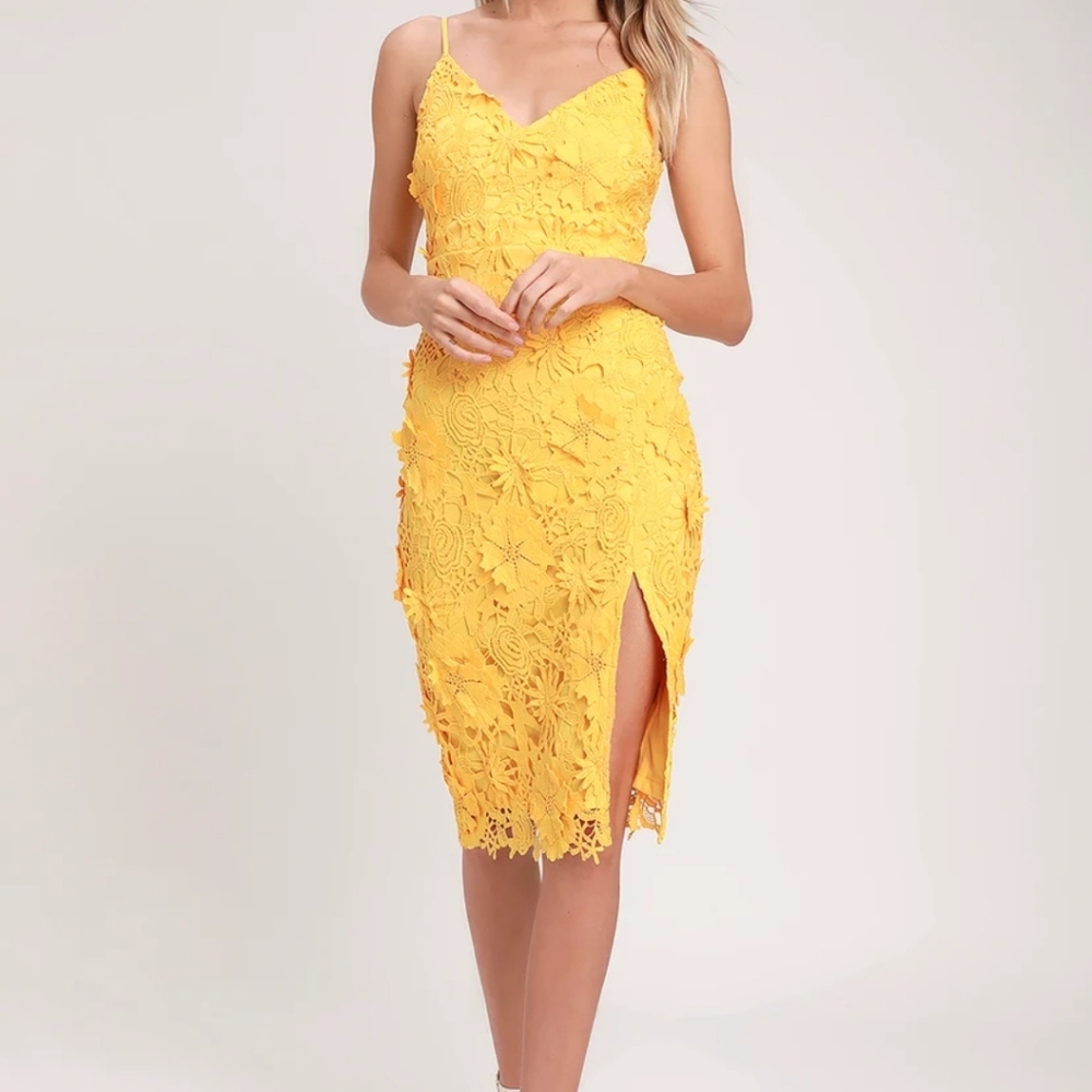 NWT Lulus Steal Your Heart Yellow Crochet Lace Midi Dress size XS